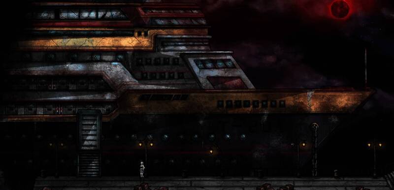 场景中呈现多个空间层次叠加的效果，建筑错位且弥漫着不详红光