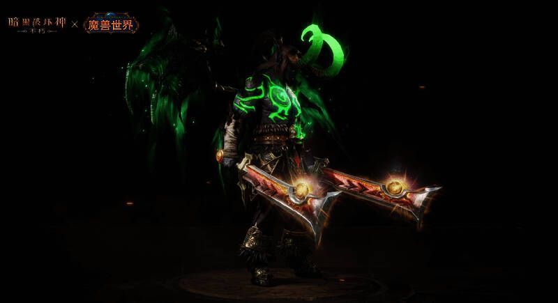 《暗黑破坏神：不朽》x《魔兽世界》联动海报，展示灰烬使者武器皮肤的华丽造型