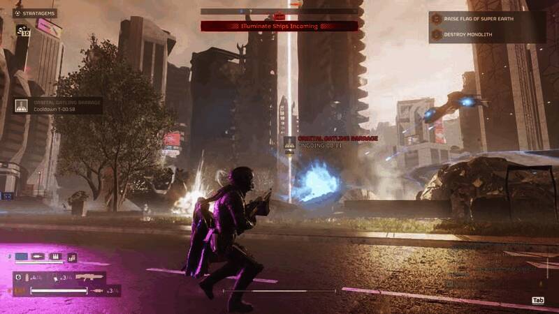 《绝地潜兵2》多人合作战斗画面，角色在城市废墟中与敌人激烈交火