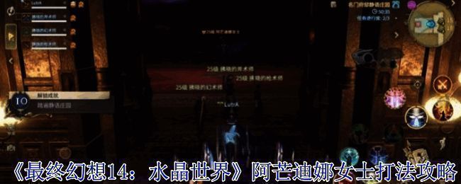 《最终幻想14：水晶世界》游戏场景，角色面对神秘BOSS阿芒迪娜女士