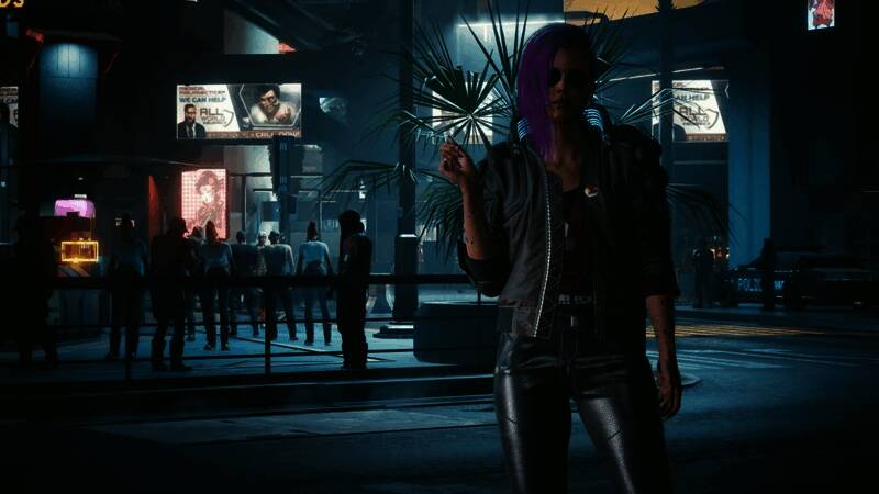 Switch 2运行《赛博朋克2077》画面展示，角色在夜之城街头穿梭，光影效果逼真