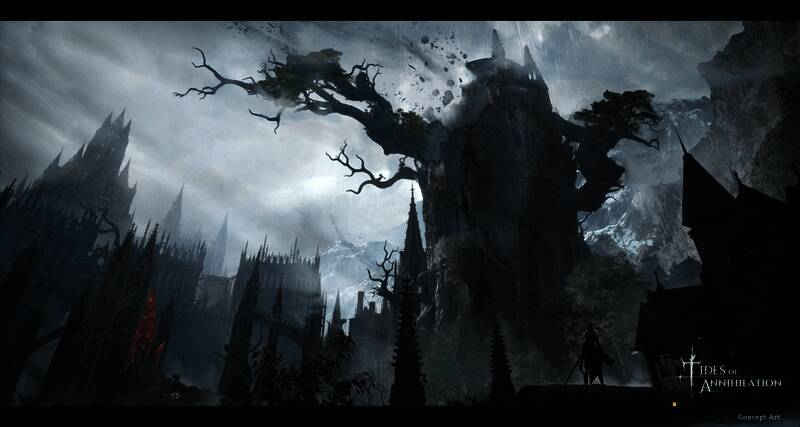 艺术图中一棵诡异的枯树与古堡共生，根系深入建筑结构，背景是若隐若现的哥特式建筑群，女主角傲然站立于前，神情坚定