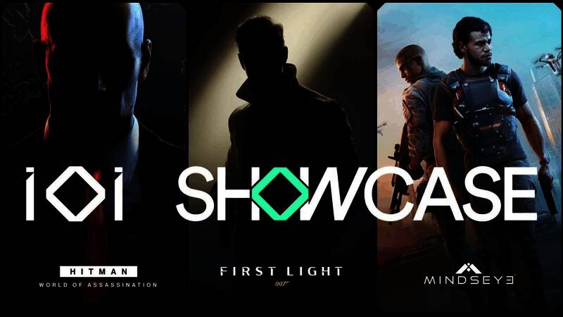 IO互动发布会预告海报，背景为詹姆斯·邦德经典形象与游戏LOGO结合