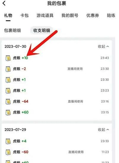 收支明细页面截图，展示虎粮记录的具体条目和金额信息