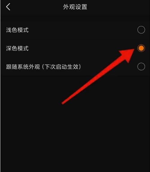 深色模式开启后的界面效果展示，整体色调偏暗适合夜间使用