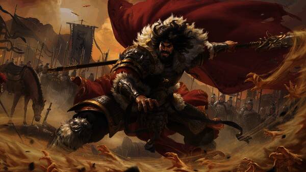 谋华雄限定皮肤展示，红色披风与盔甲在风沙中飞扬