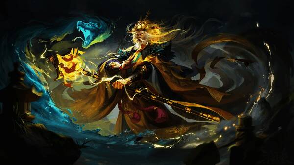 神张角身穿金色服饰，手持武器站立于水面之上，背景是波澜壮阔的水流特效