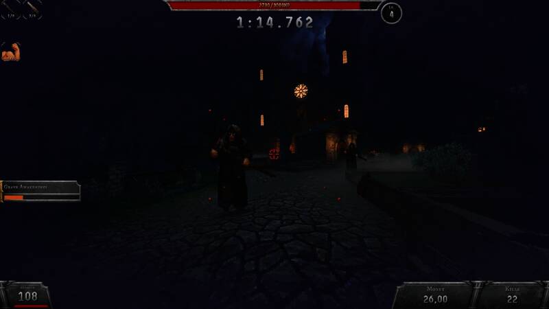 《Bloodshed》游戏截图展示一位角色手持双枪，在昏暗环境中激烈对抗大量敌人，场景细节丰富