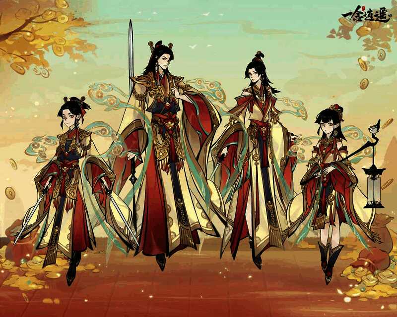 招财主题限定时装金玉满堂，角色身穿金色华服，周围环绕铜钱与元宝特效