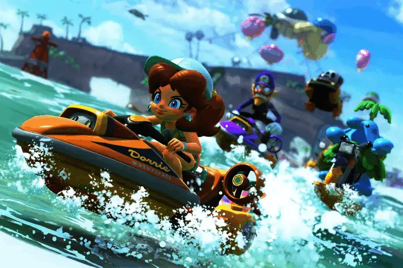 游戏场景截图，展示卡丁车变身水上摩托艇的瞬间