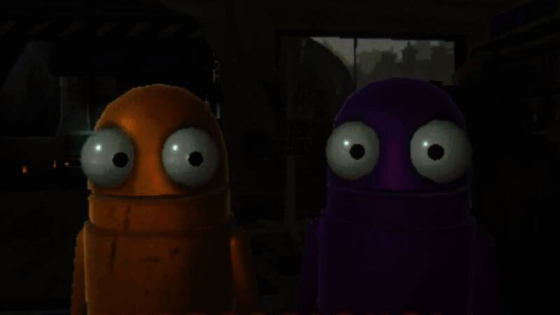 《REPO》游戏画面展示，昏暗环境中角色手持手电筒紧张探索，背景中隐约可见诡异机器人身影