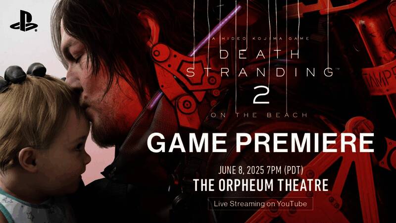 《死亡搁浅2》首映活动现场概念图，舞台中央呈现游戏主角形象，背景大屏显示预告画面