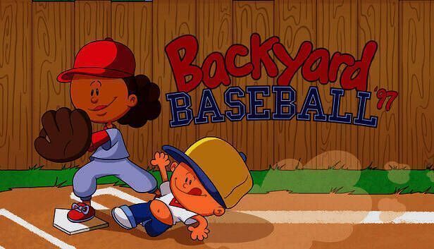 《后院棒球97》游戏画面，卡通风格的角色正在进行棒球比赛