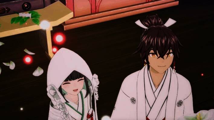 玩家角色与NPC角色在夕阳下交谈，画面温馨浪漫