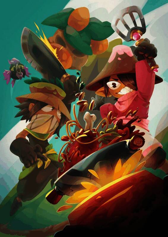 《猎厨狂欢 SEDAP!》游戏封面图，呈现两位角色在热带岛屿上手持食材与武器的可爱画风