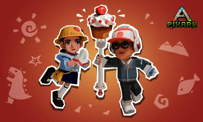 《方块方舟》国际儿童节版本宣传图，画面中充满节日元素的气球与装饰点缀在方块世界中