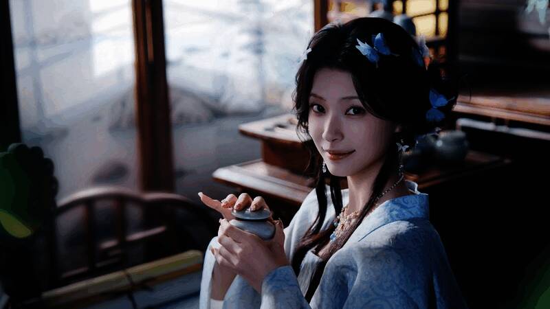 主角与一位身穿华服的女子对视，背景为古风庭院，气氛暧昧而紧张