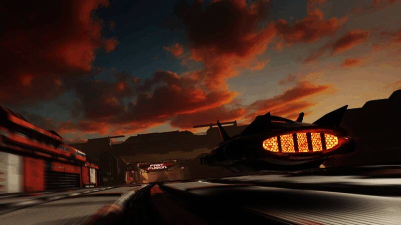 游戏画面展示了一辆未来风格的反重力赛车飞速穿梭于城市赛道中，光影效果逼真，细节丰富