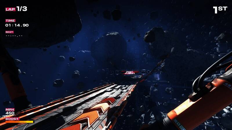 游戏内多辆不同风格的反重力赛车并列飞驰，背景是科幻感十足的赛道环境，特效绚丽