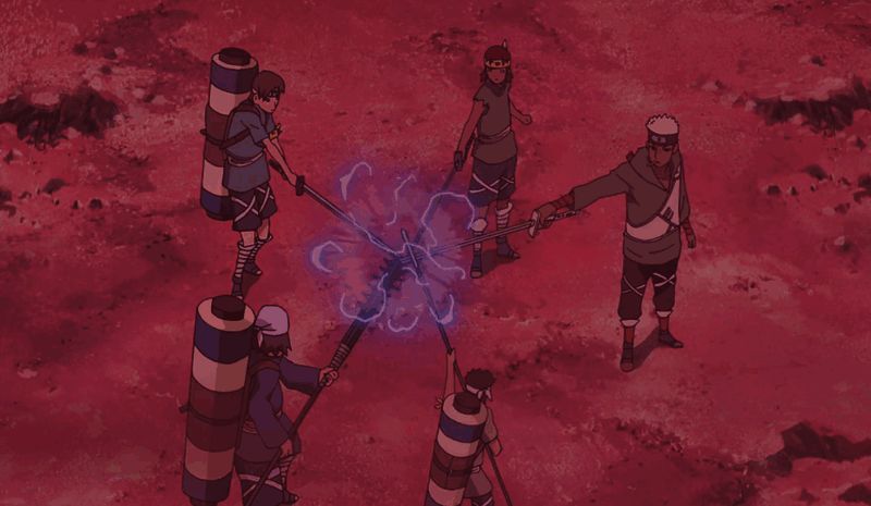 奥摩伊与其他雷属性忍者协同作战，共同释放雷遁技能