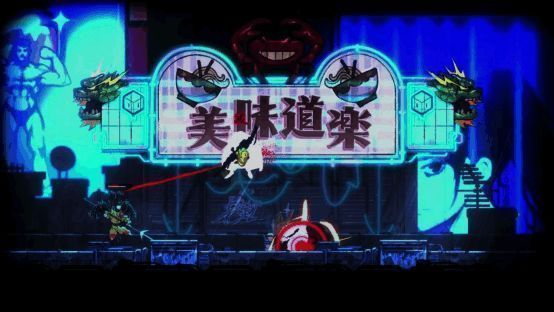 乔·武藏在城市间飞跃，背景是闪烁的电子广告牌