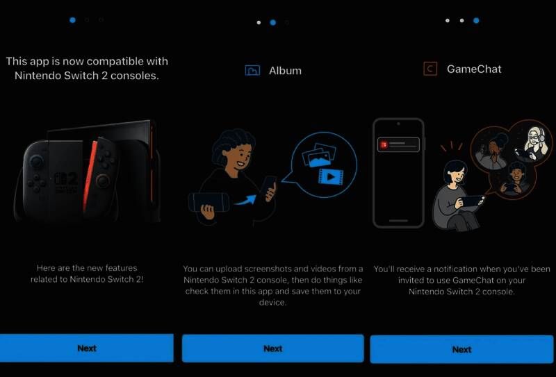 Nintendo Switch App界面展示，显示新上传功能的操作流程