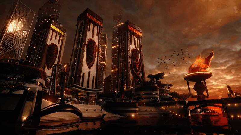 疑似《黑豹》游戏概念图，展示未来都市与科技感十足的战斗场景