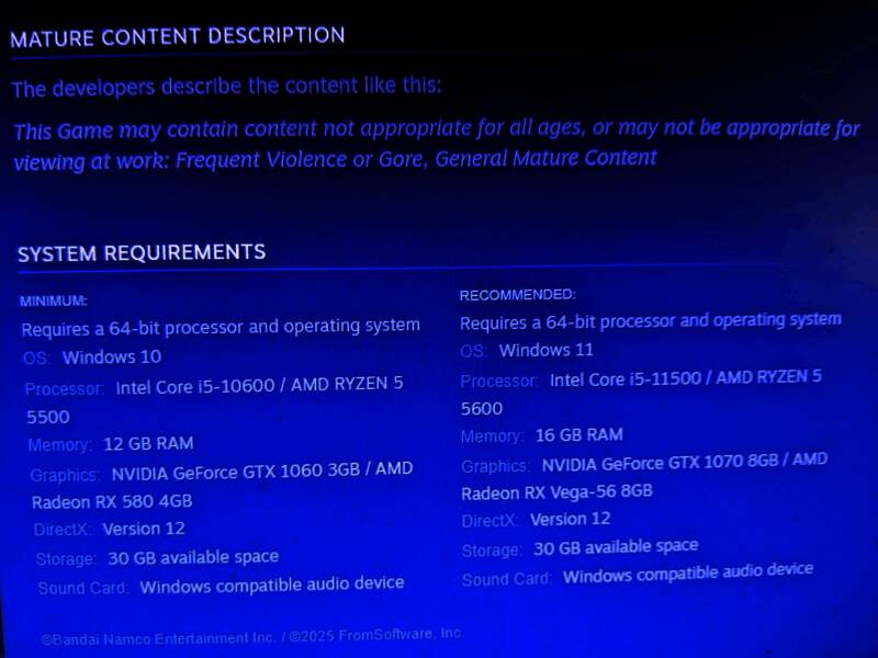 官方公布的《艾尔登法环：黑夜君临》PC配置推荐表