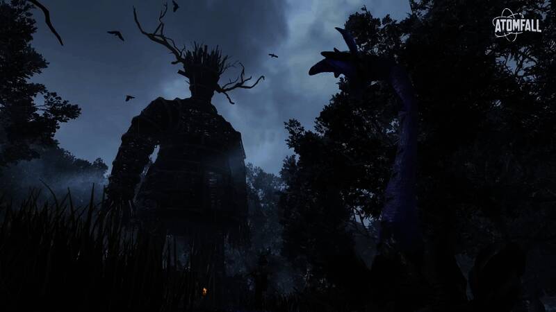 《原子陨落》游戏场景图，废墟中的人物剪影显得孤独而坚定