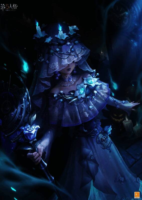 昆虫学者-鬼烛身穿紫色铃兰花纱裙，头戴烛火装饰，手持残缺时钟手杖