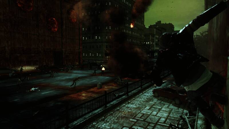 主角艾力克斯莫赫在纽约街头战斗的画面，身穿黑色战衣，手持利刃