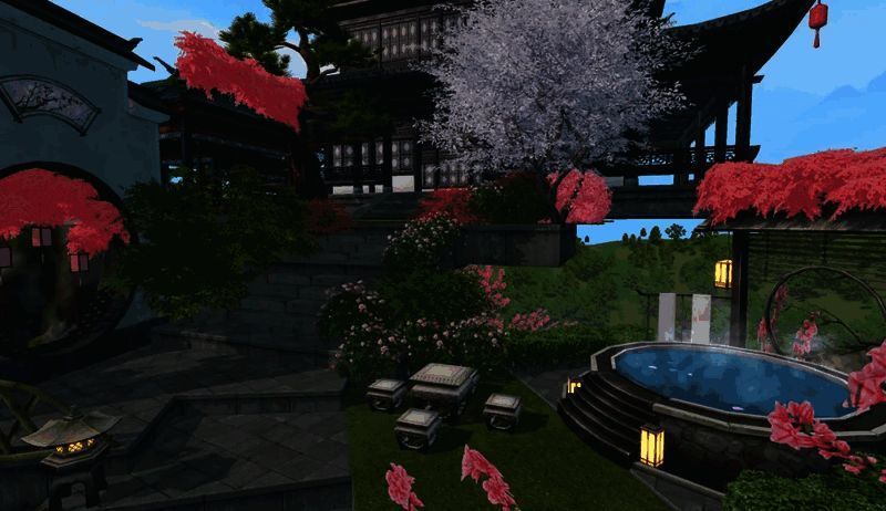 温泉池被花木环绕，雾气缭绕