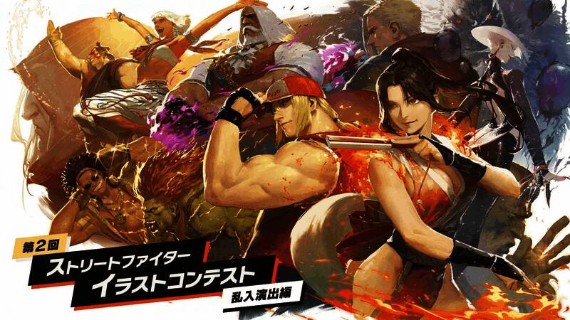 街头霸王第二届插画大赛宣传图，展现多个经典角色与艺术风格融合的视觉效果