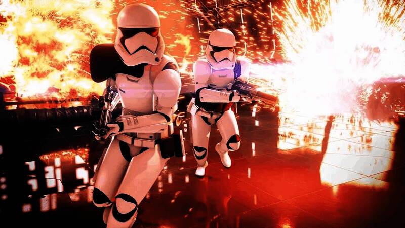 《星球大战：前线2》多人对战画面，战机穿梭于星际战场之间