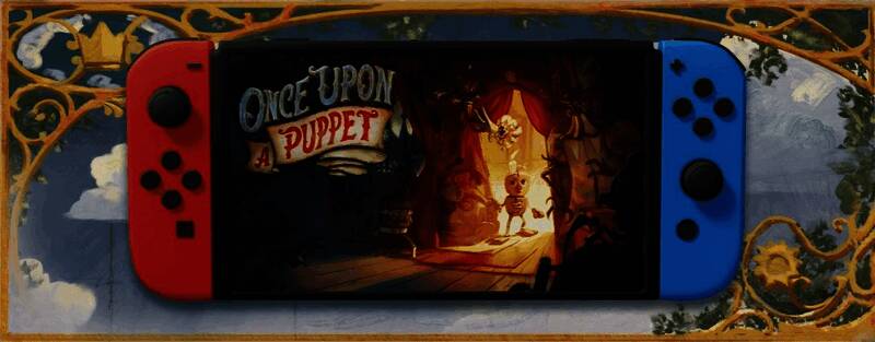 《木偶往事》游戏宣传图，展示手绘风格的奇幻舞台场景，角色与机关互动