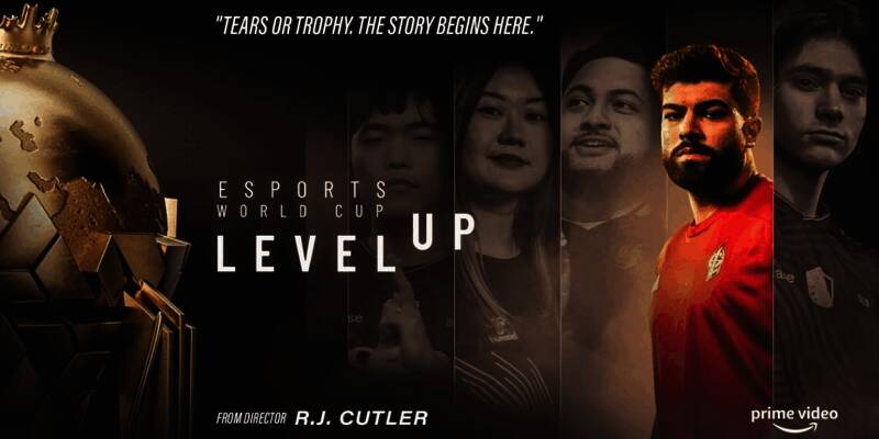 纪录片海报，展示电竞选手与俱乐部管理者的群像画面，背景为赛事现场