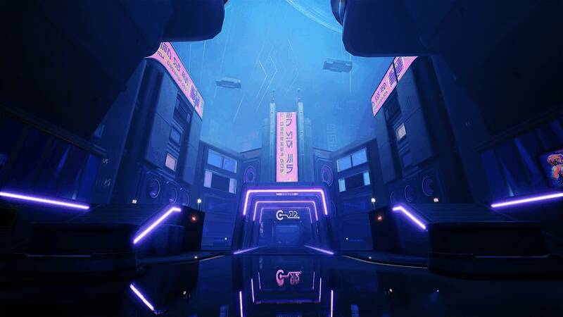 环都地图中夜晚城市的全景，霓虹灯闪烁，街道错综复杂