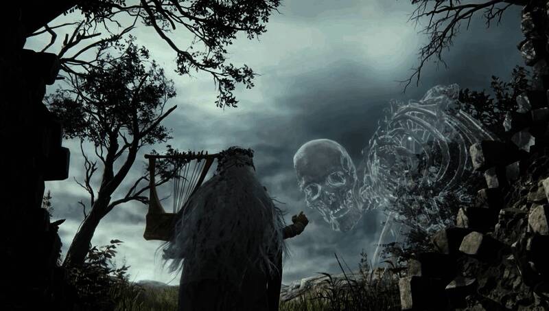 唤灵师召唤灵体战斗场景，背景为黑暗幻想风格的战场