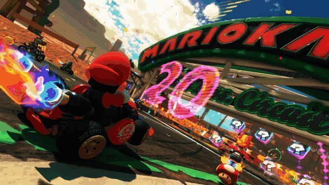 《马里奥赛车：世界》游戏封面，经典角色马里奥手持道具准备出发