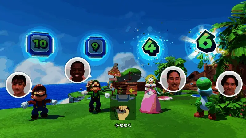 马里奥与路易吉在沙滩上进行激烈对决，周围漂浮着气球与烟花特效