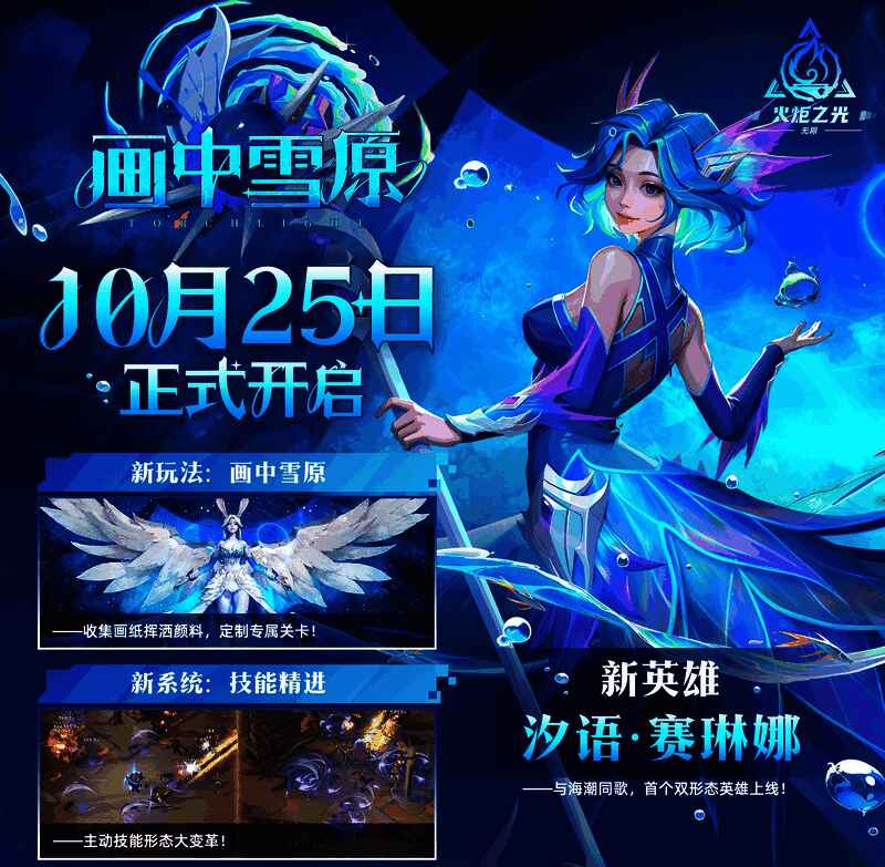 汐语赛琳娜双形态展示，左侧为吟游状态，右侧为高歌状态，背景为雪原画卷世界