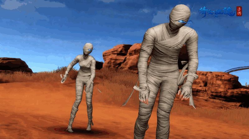 木乃伊时装展示，全身包裹绷带，神秘蓝光闪烁，造型独特