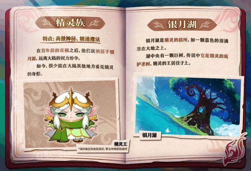 精灵族隐居地银月湖，湖水清澈，树木环绕，精灵在林间吟唱魔法咒语