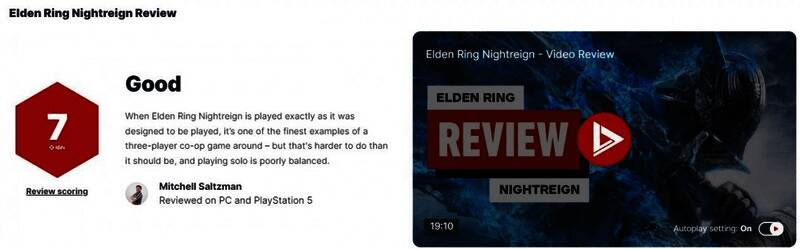 IGN评分界面截图，显示《艾尔登法环：黑夜君临》获得7分好评