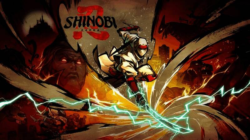 《SHINOBI 反攻的斩击》游戏封面风格展示，展现主角手持长刀、目光冷峻的英姿