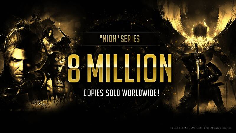 《仁王》系列销量突破800万庆祝图，背景为游戏主角手持武器的英姿