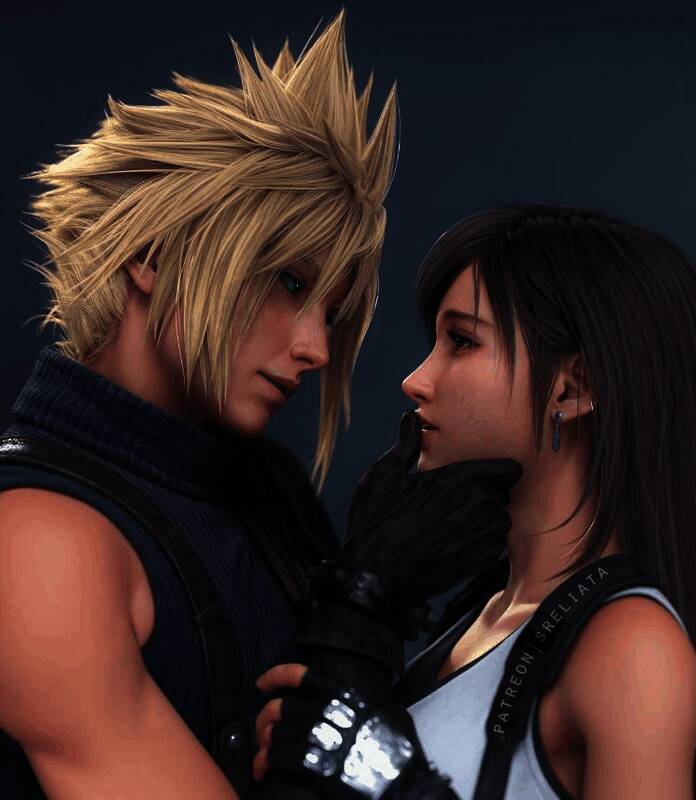 蒂法正面展示亮片礼服细节，背景为未来都市风格