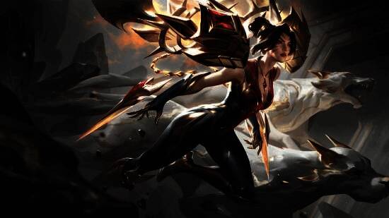 ‘殿堂传奇’卡莎原画展示，翅膀闪耀光芒，周身环绕金色光环，整体风格神圣而神秘