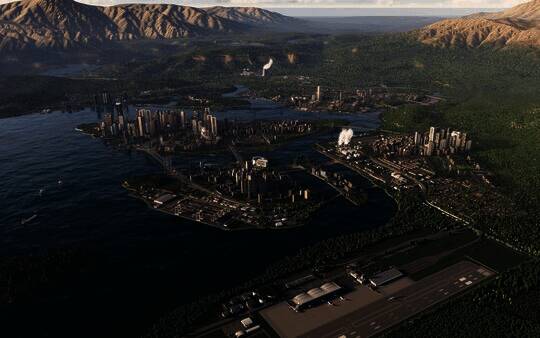 《城市：天际线2》游戏界面截图，展示港口建设场景