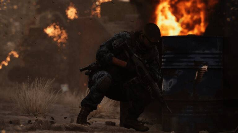 主角手持武器穿梭于废墟之间，紧张气氛扑面而来